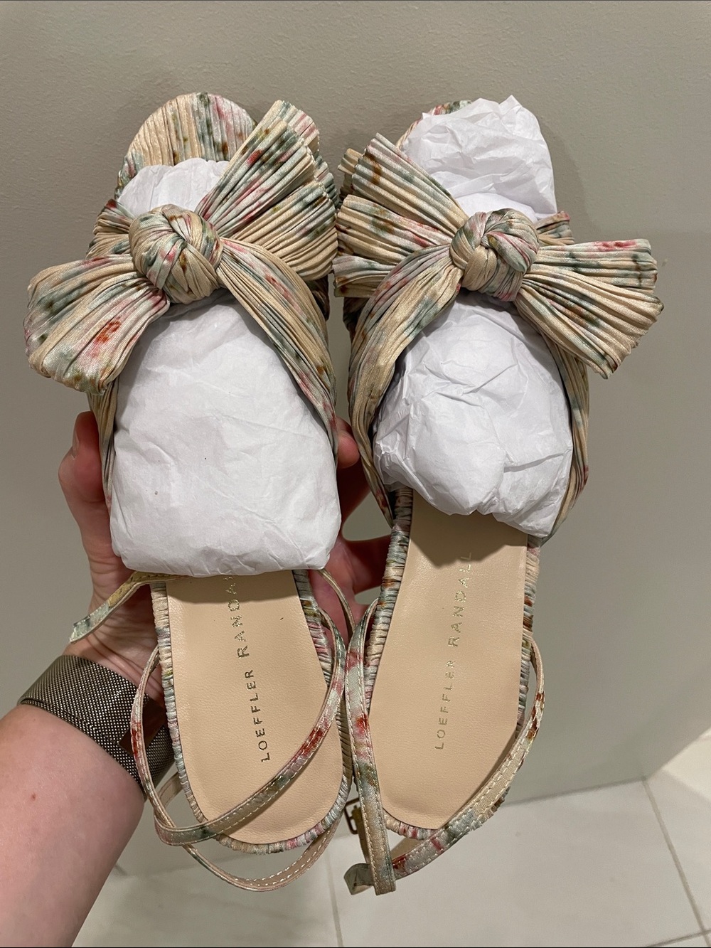 Loeffler Randall Dahlia Pleated Bow Slingback Sandals in Cream Floral